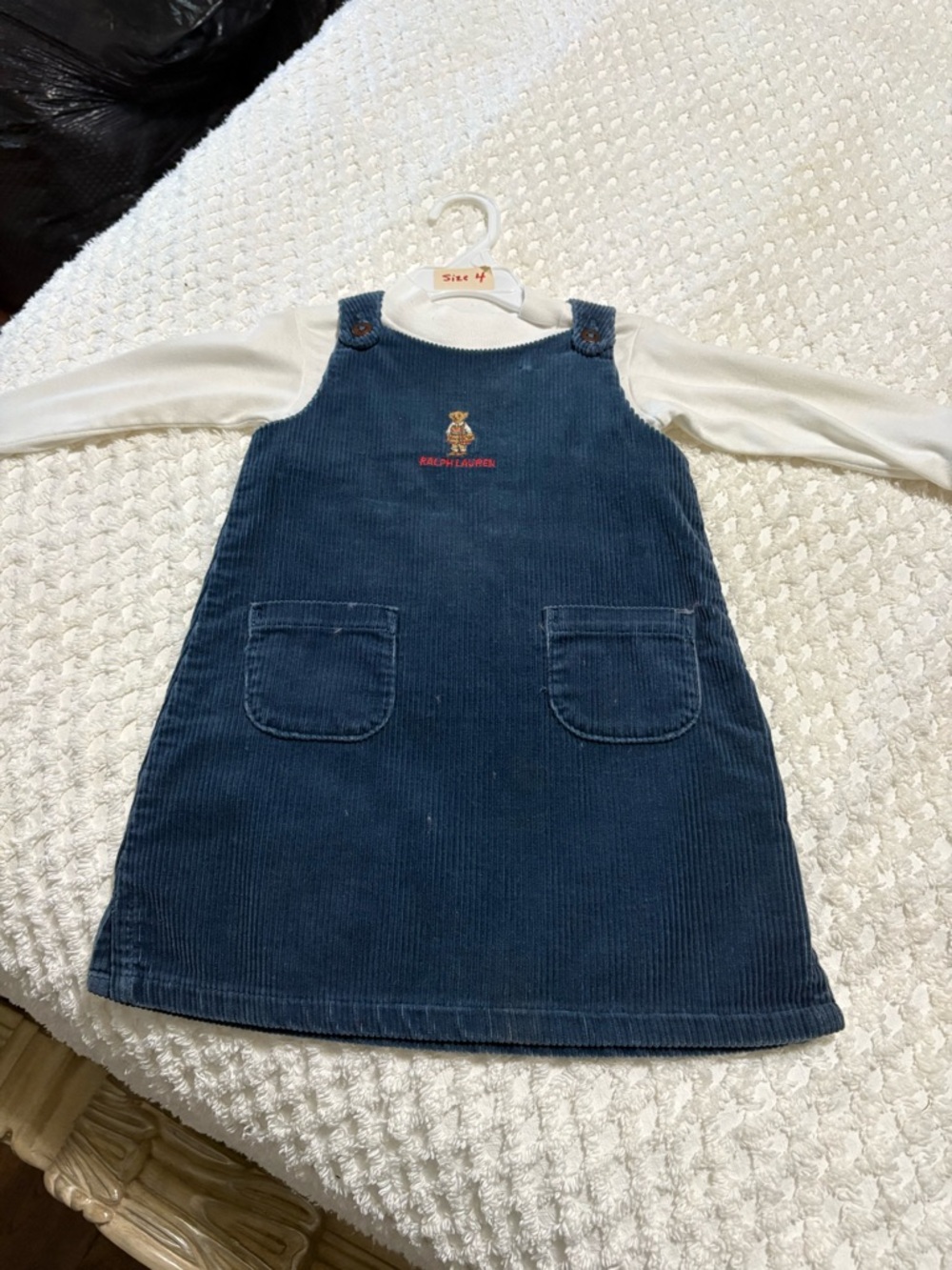 Vintage Ralph Lauren Navy Corduroy Pinafore Dress with Bear Embroidery